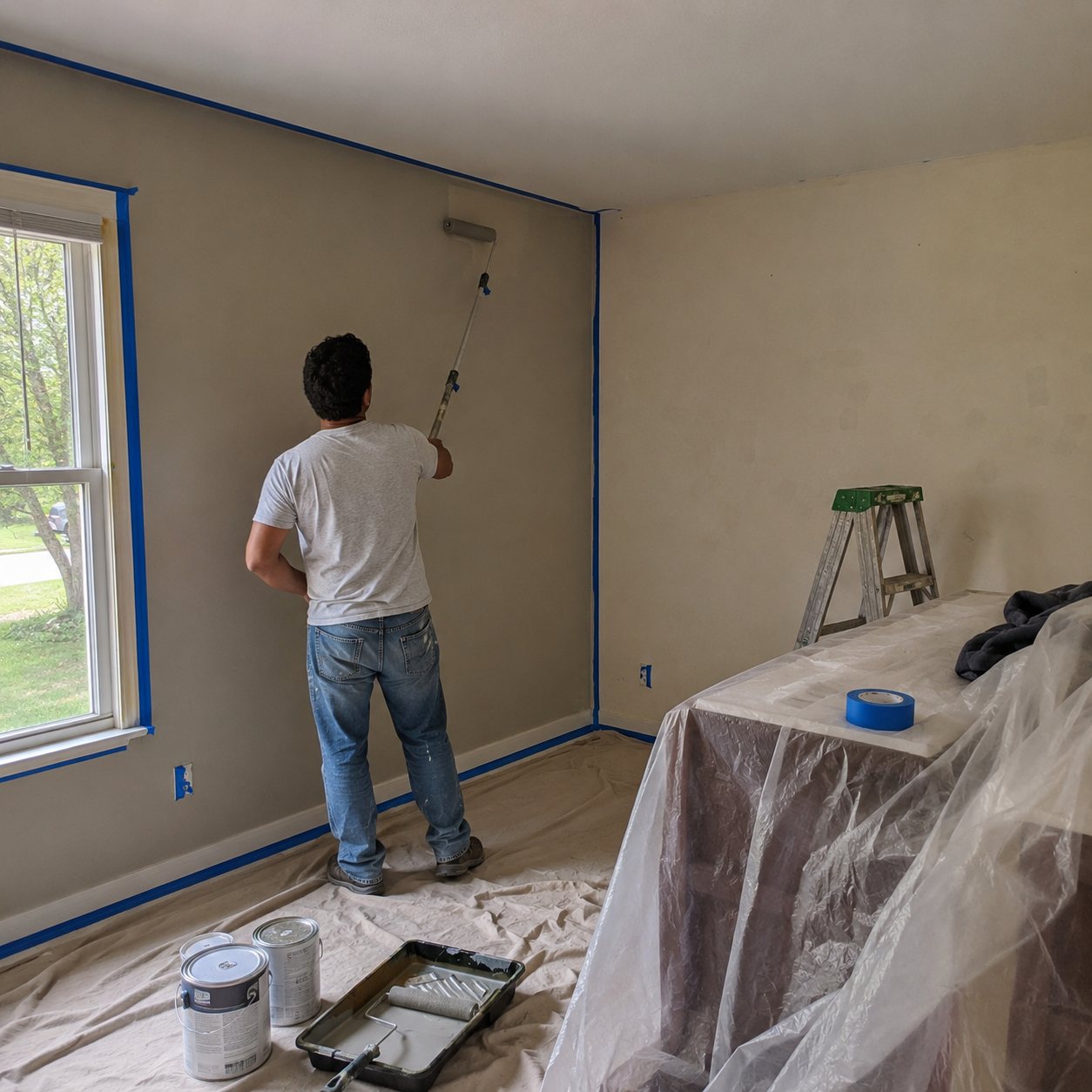 Professional painter rolling wall paint in a taped-off bedroom during an interior painting project in Arvada, Colorado