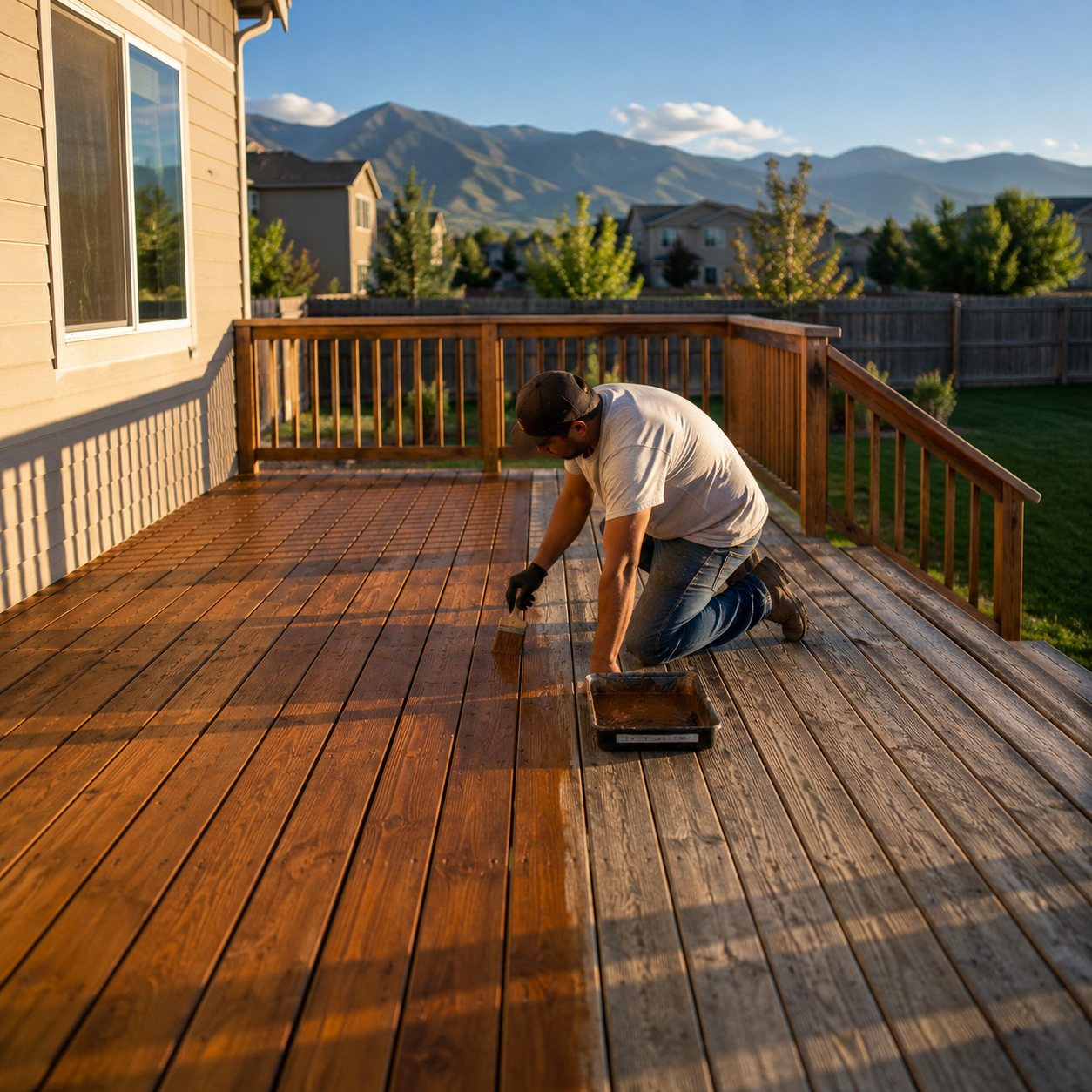 Professional applying deck stain to a backyard wood deck in Arvada, Colorado